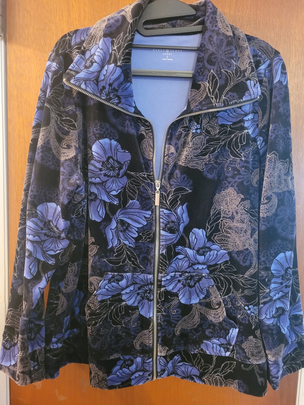 Karen Scott Black and Blue Floral Velour Zip Bomber Jacket